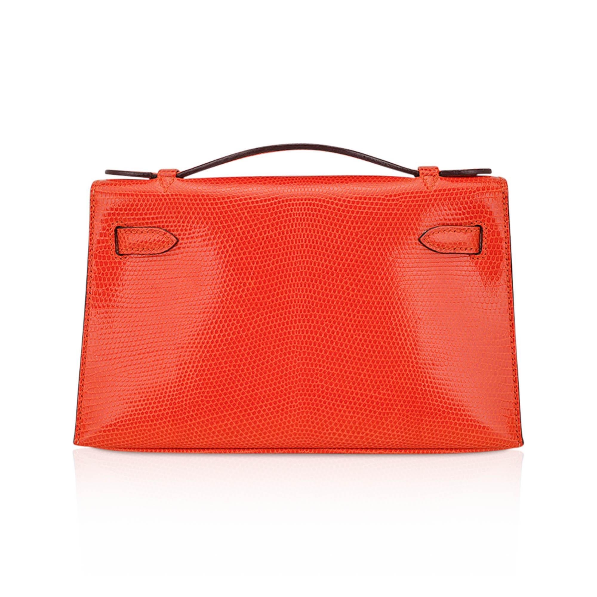 Hermes Kelly Pochette Sac à main en lézard mandarine avec quincaillerie en ruthinium en vente 2