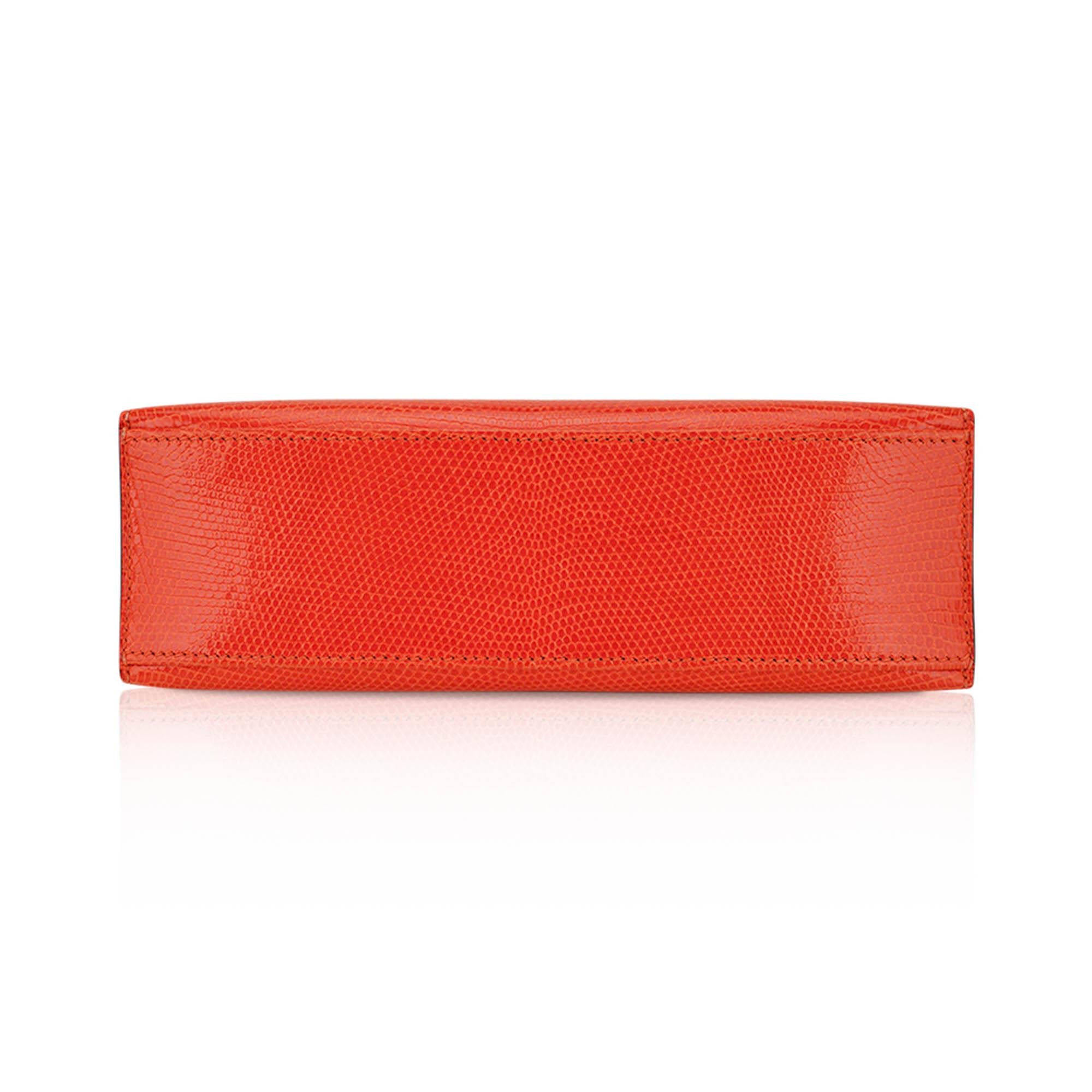 Hermes Kelly Pochette Sac à main en lézard mandarine avec quincaillerie en ruthinium en vente 3
