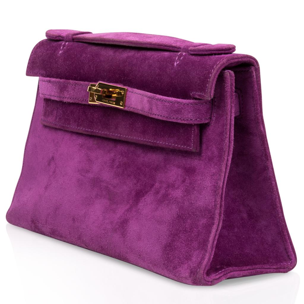 Hermes Kelly Pochette Doblis (Suede) Violet Purple Clutch Bag Gold In Excellent Condition In Miami, FL