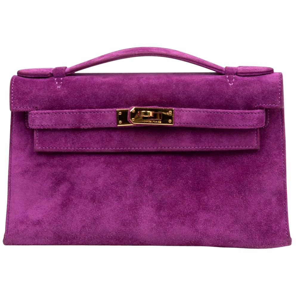 Hermes Kelly Pochette Doblis (Suede) Violet Purple Clutch Bag Gold at  1stDibs