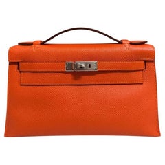 Hermes Kelly Pochette Feu Orange Epsom Leather Palladium Hardware Rare Bag