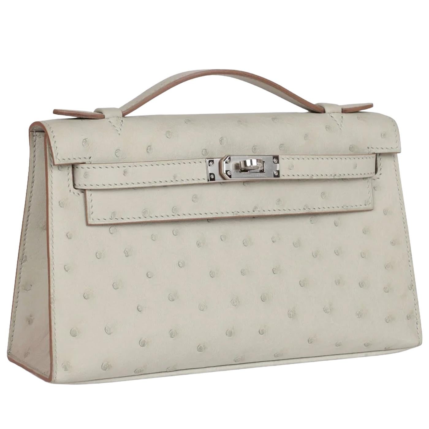 Hermes Kelly Pochette Gris Perle Strauß mit Palladium Hardware Handtasche (Grau) im Angebot