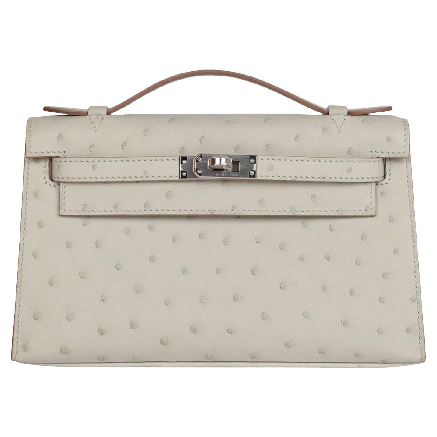 Hermes Kelly Pochette Gris Perle Ostrich With Palladium Hardware Handbag