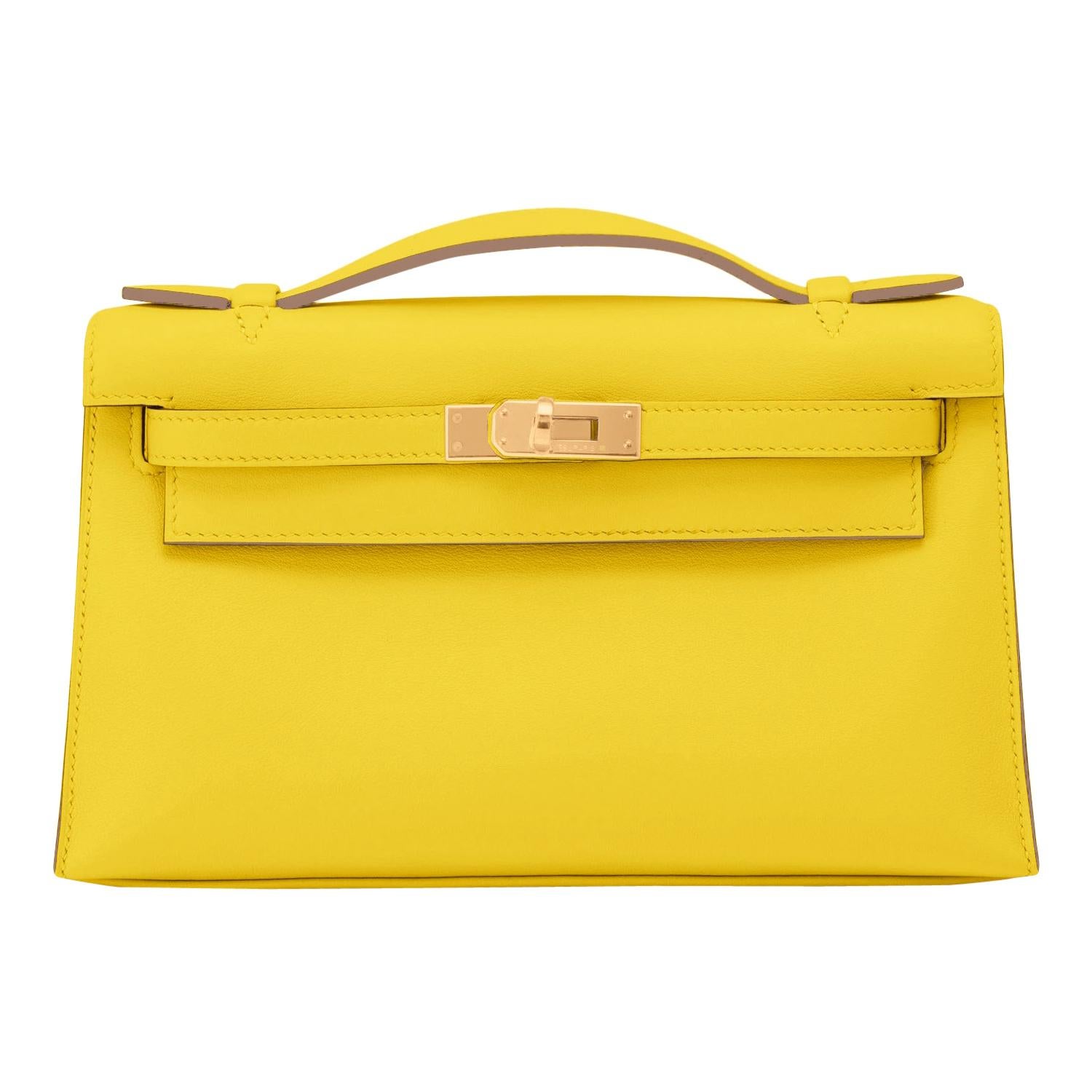 Hermes Kelly Pochette Lime Yellow Fluo Gold Clutch Cut Bag Y Stamp, 2020