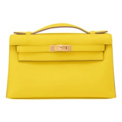 Hermes Kelly Pochette Lime Yellow Fluo Gold Clutch Bag Cut Y Stamp:: 2020