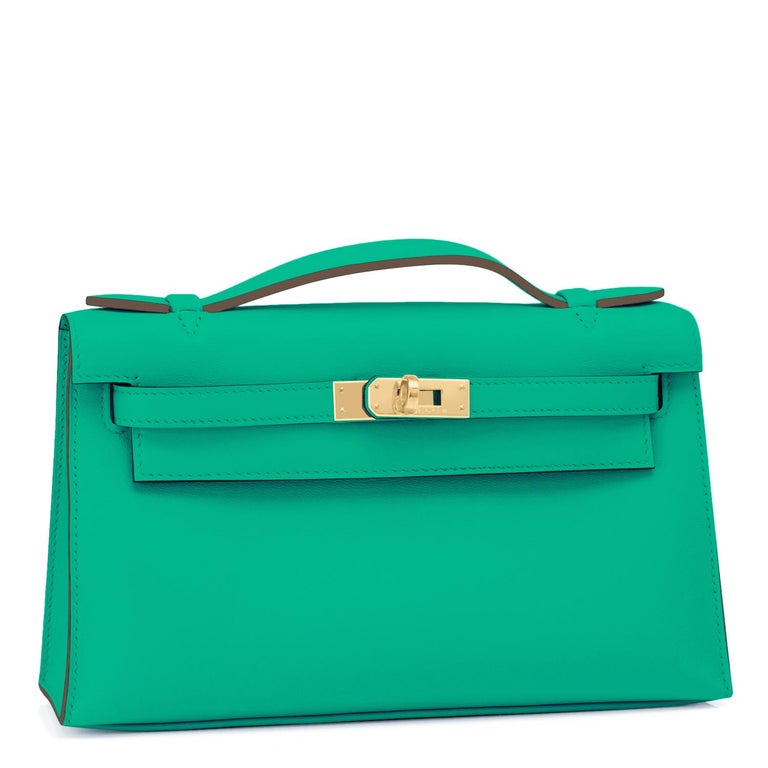 Hermes Kelly Pochette Menthe Gold Hardware Clutch Cut Bag Z Stamp, 2021 In New Condition For Sale In New York, NY
