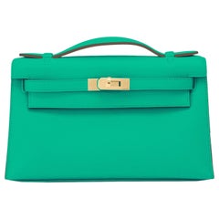 Hermes Kelly Pochette Menthe Gold Hardware Clutch Cut Bag Z Stamp, 2021