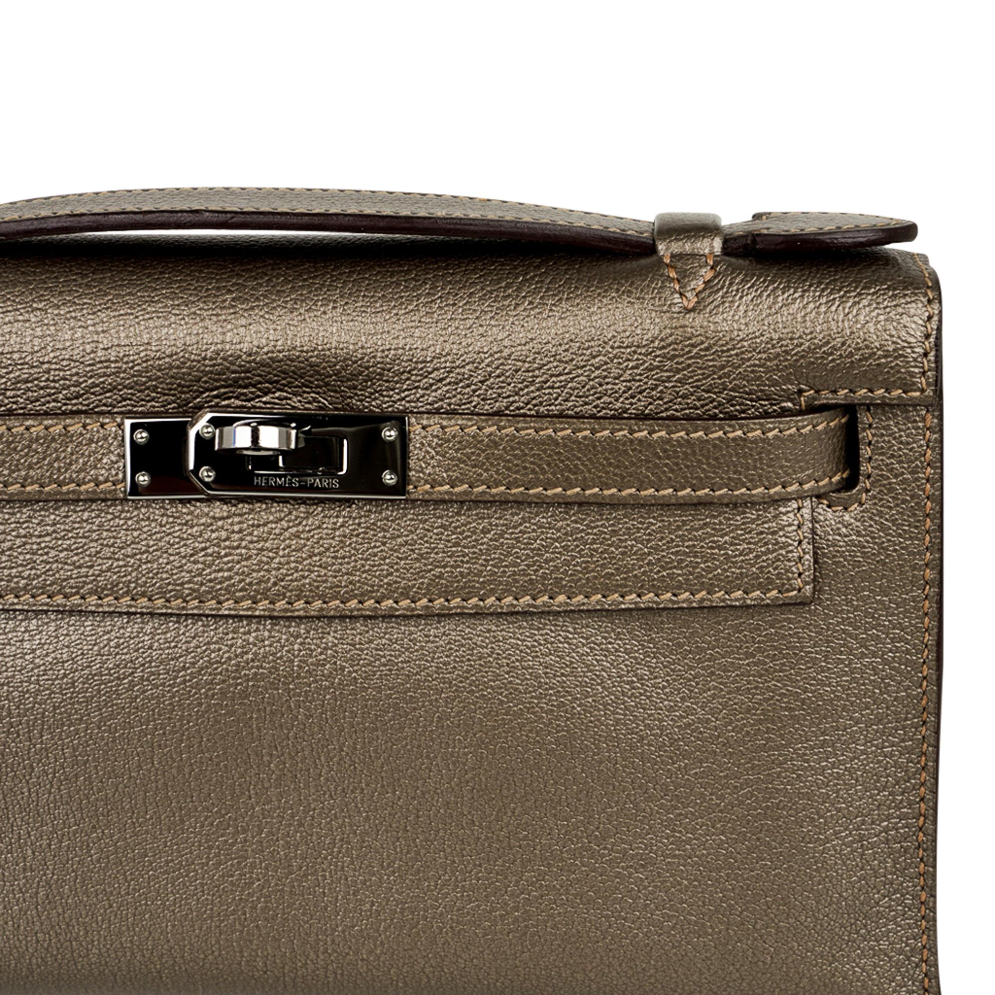 Brown Hermes Kelly Pochette Metallic Bronze Clutch Bag Chevre Palladium