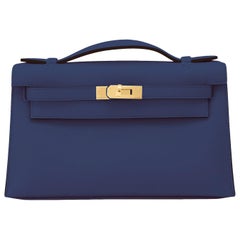 New Hermes Kelly Pochette Blue France Gold Hardware New Fresh U Stamp 2022