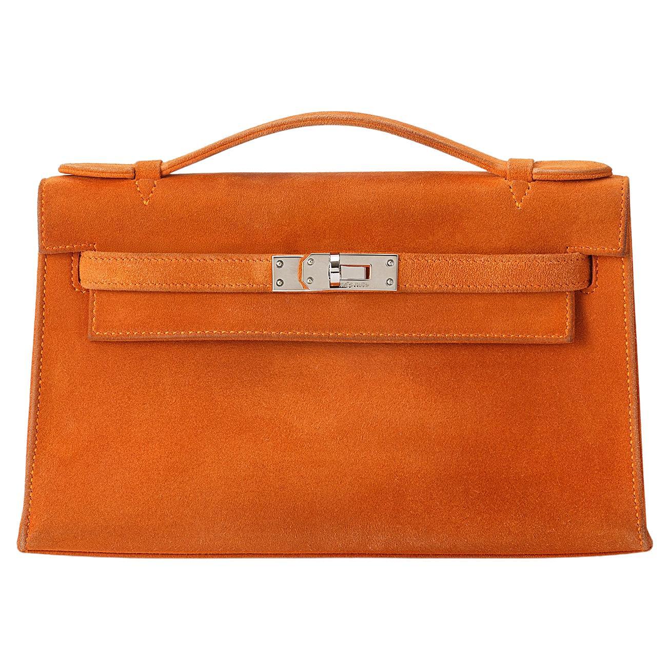 Hermès Kelly Pochette Orange Doblis Palladium Hardware For Sale