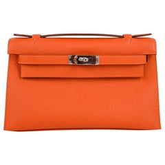 Hermes Kelly Pochette Orange Feu Epsom Palladium Hardware  