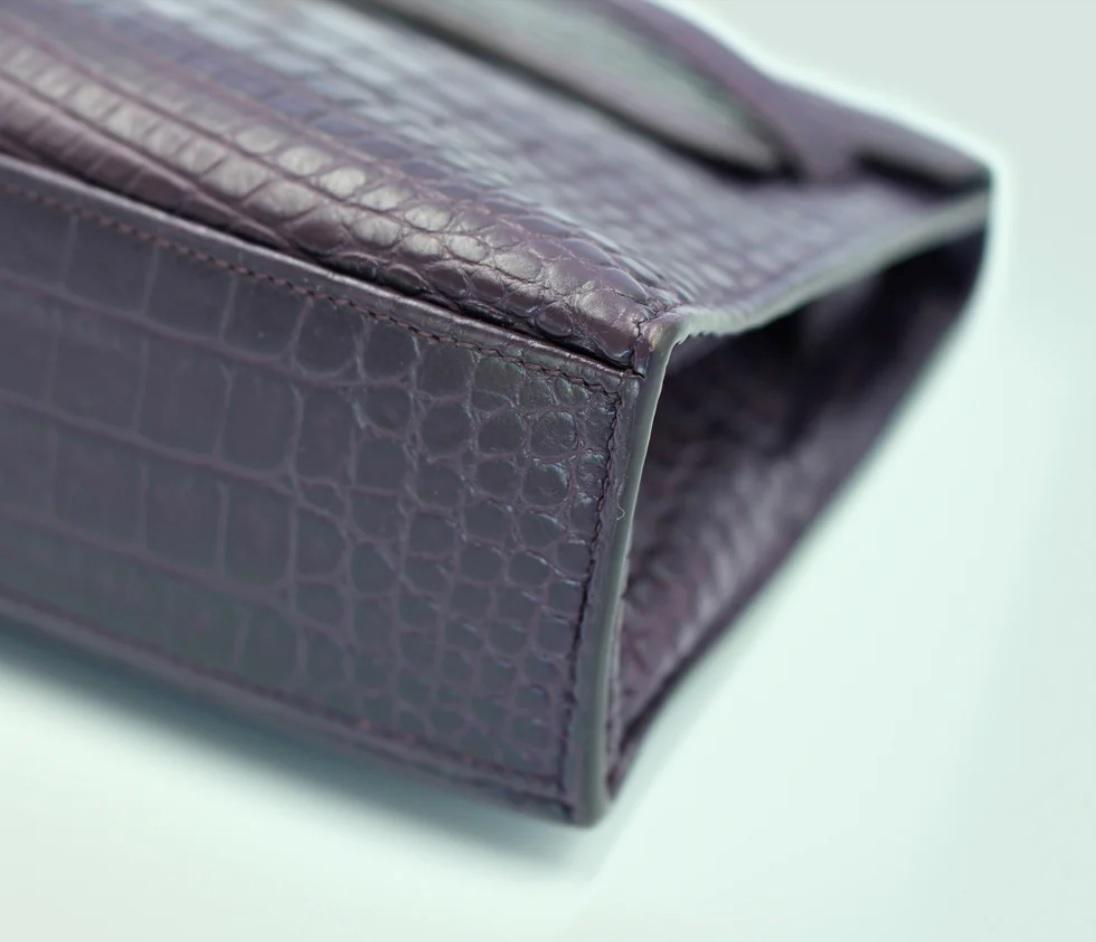 Purple Hermes Kelly Pochette Prunoir Matte Alligator with Palladium Hardware For Sale