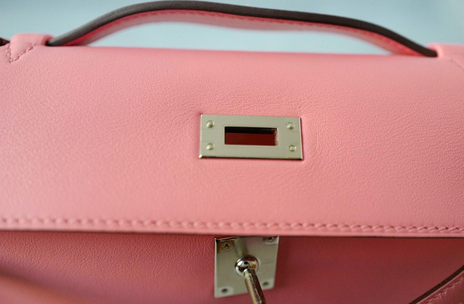 Hermès Kelly Pochette Rose d'Été in pelle Swift con timbro Palladium Z & Z in vendita 7