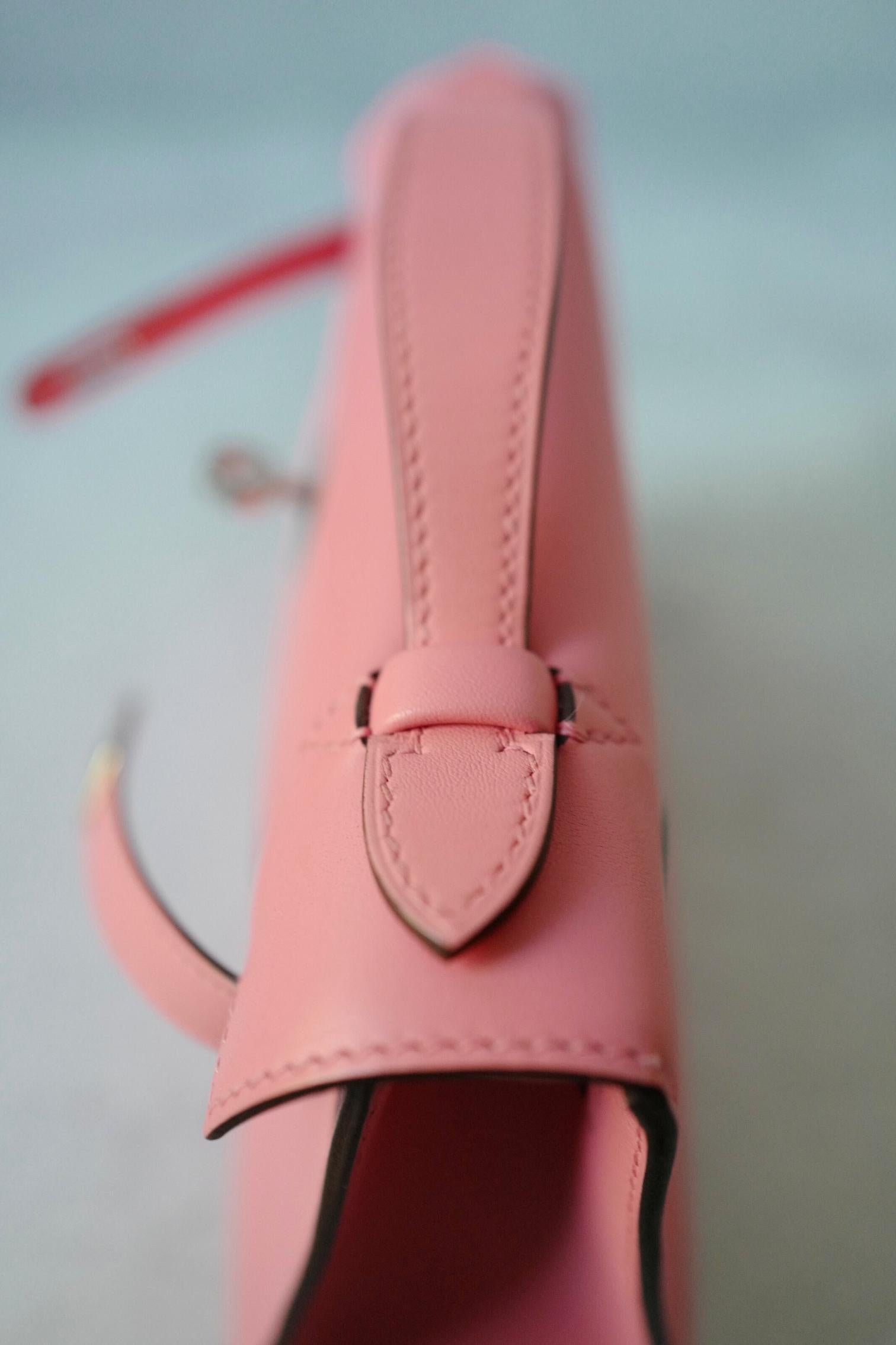 Hermès Kelly Pochette Rose d'Été in pelle Swift con timbro Palladium Z & Z in vendita 12