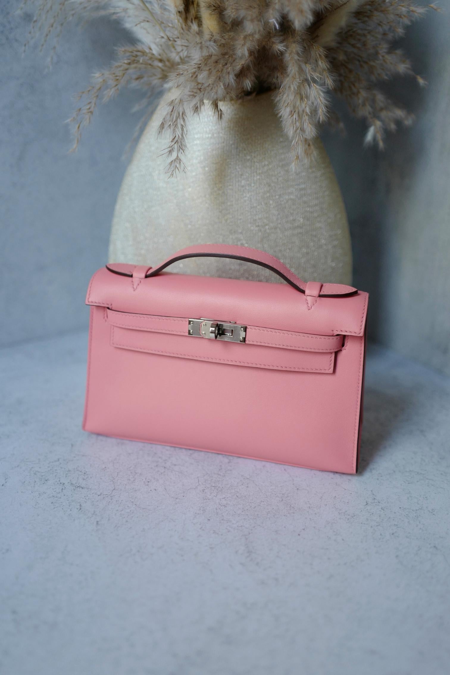 Hermès Kelly Pochette Rose d'Été in pelle Swift con timbro Palladium Z & Z in vendita 15