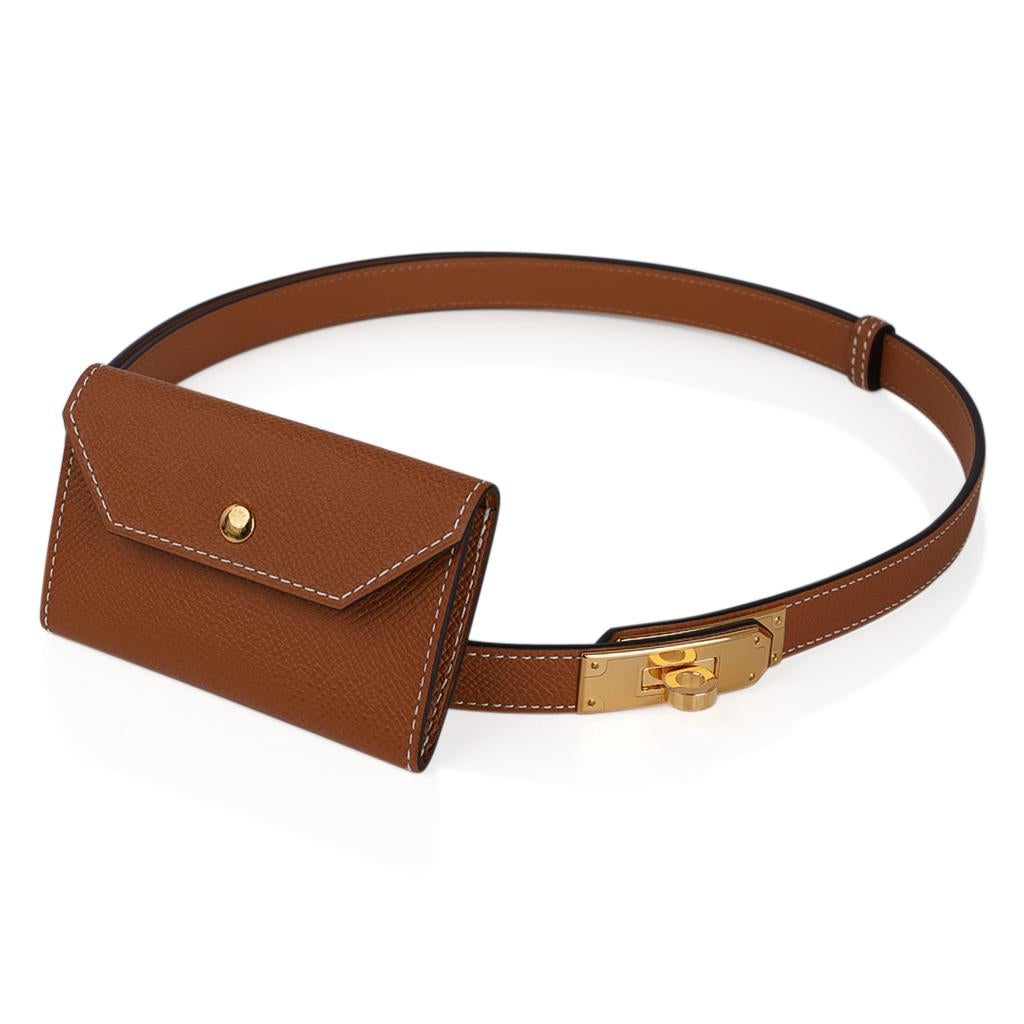 Brown Hermes Kelly Pocket Belt Adjustable Gold Epsom Leather Gold Hardware