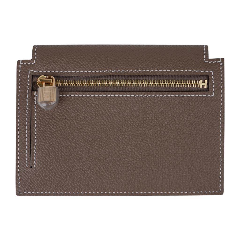 Black Hermes Kelly Pocket Compact Wallet Etoupe Epsom Gold Hardware New w/Box
