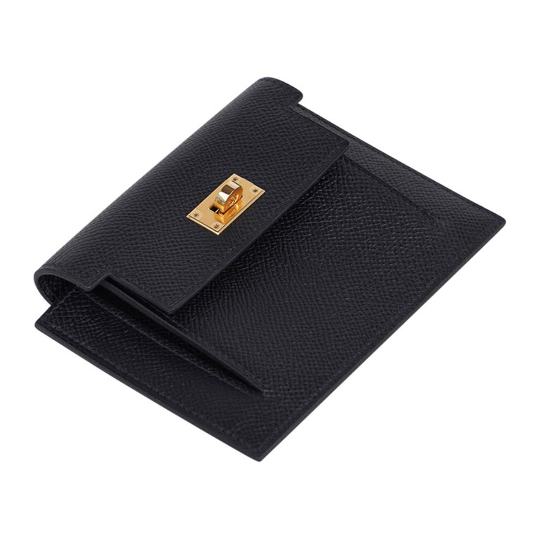 Hermes Kelly Pocket Compact Wallet Noir Epsom Gold Hardware New w/Box