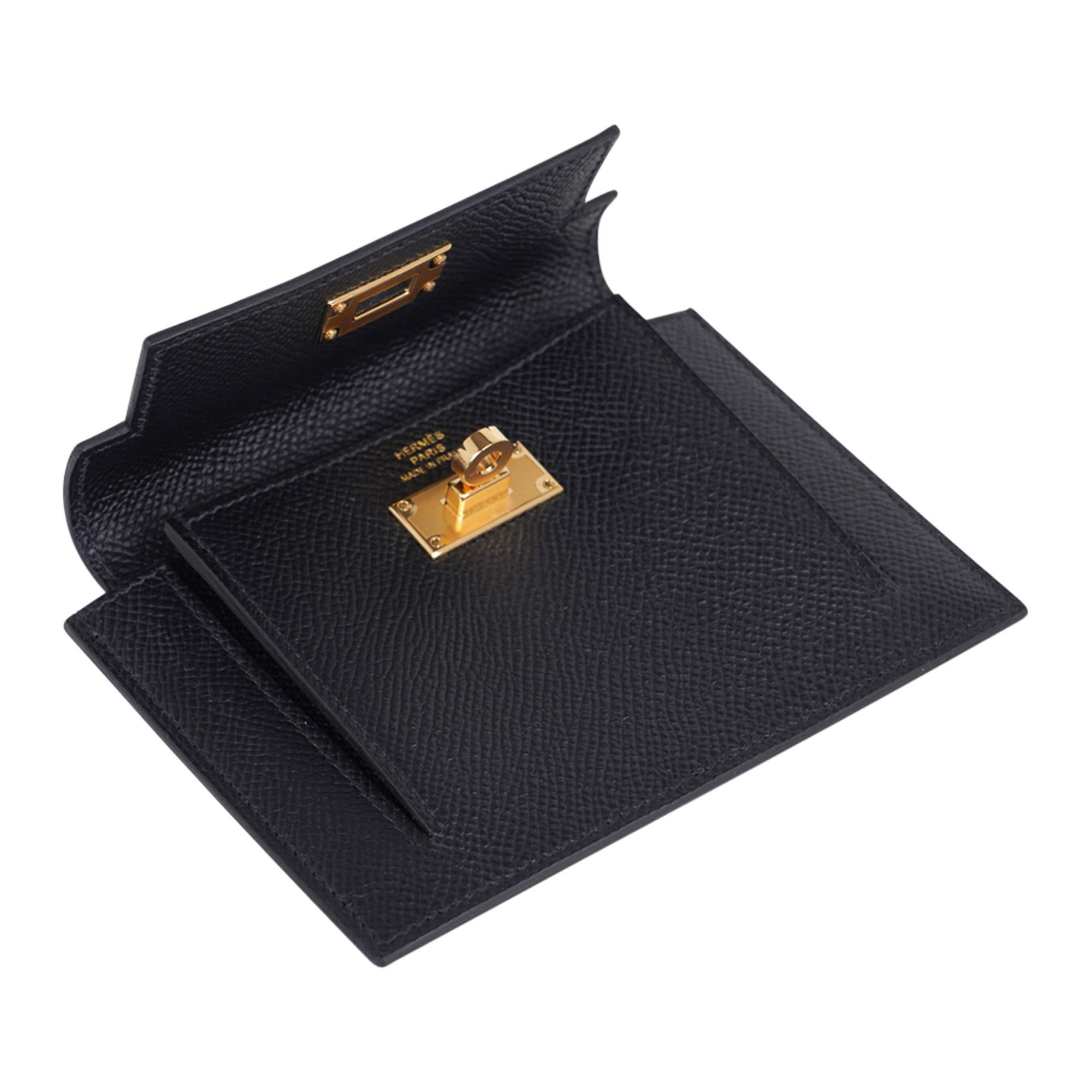 Black Hermes Kelly Pocket Compact Wallet Noir Epsom Gold Hardware New w/Box