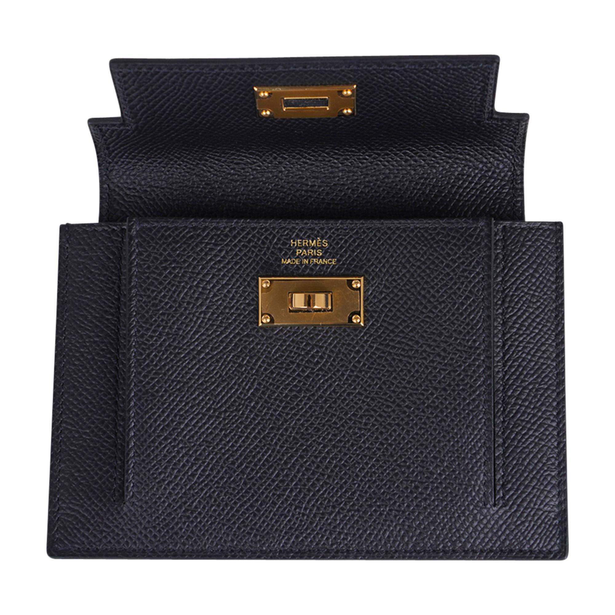 Women's Hermes Kelly Pocket Compact Wallet Noir Epsom Gold Hardware New w/Box