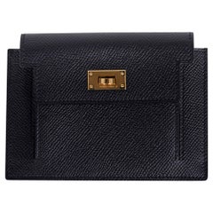 Hermes Kelly Pocket Compact Wallet Noir Epsom Gold Hardware New w/Box