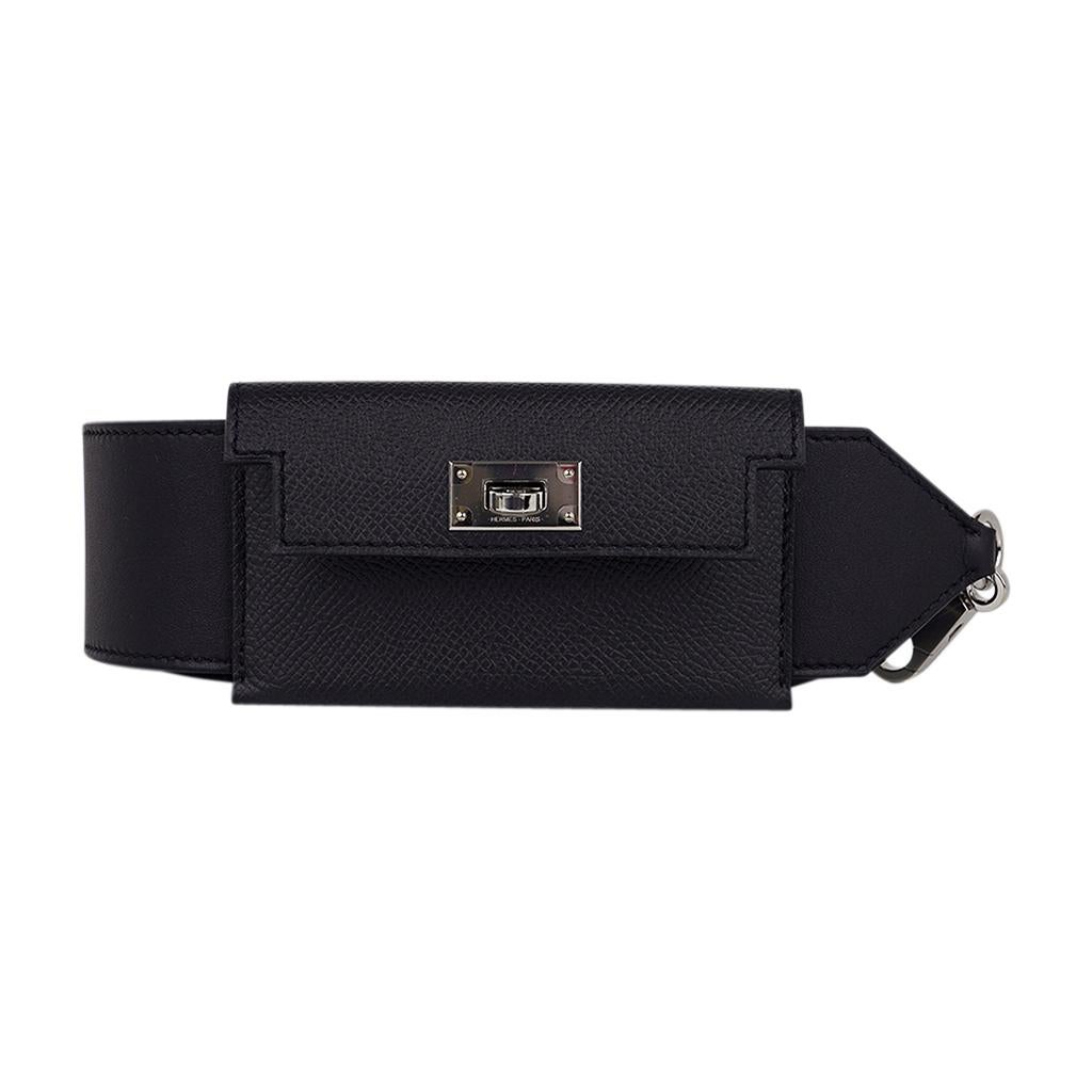 Hermes Kelly Pocket Shoulder Strap Black Swift Epsom Palladium Hardware In New Condition In Miami, FL