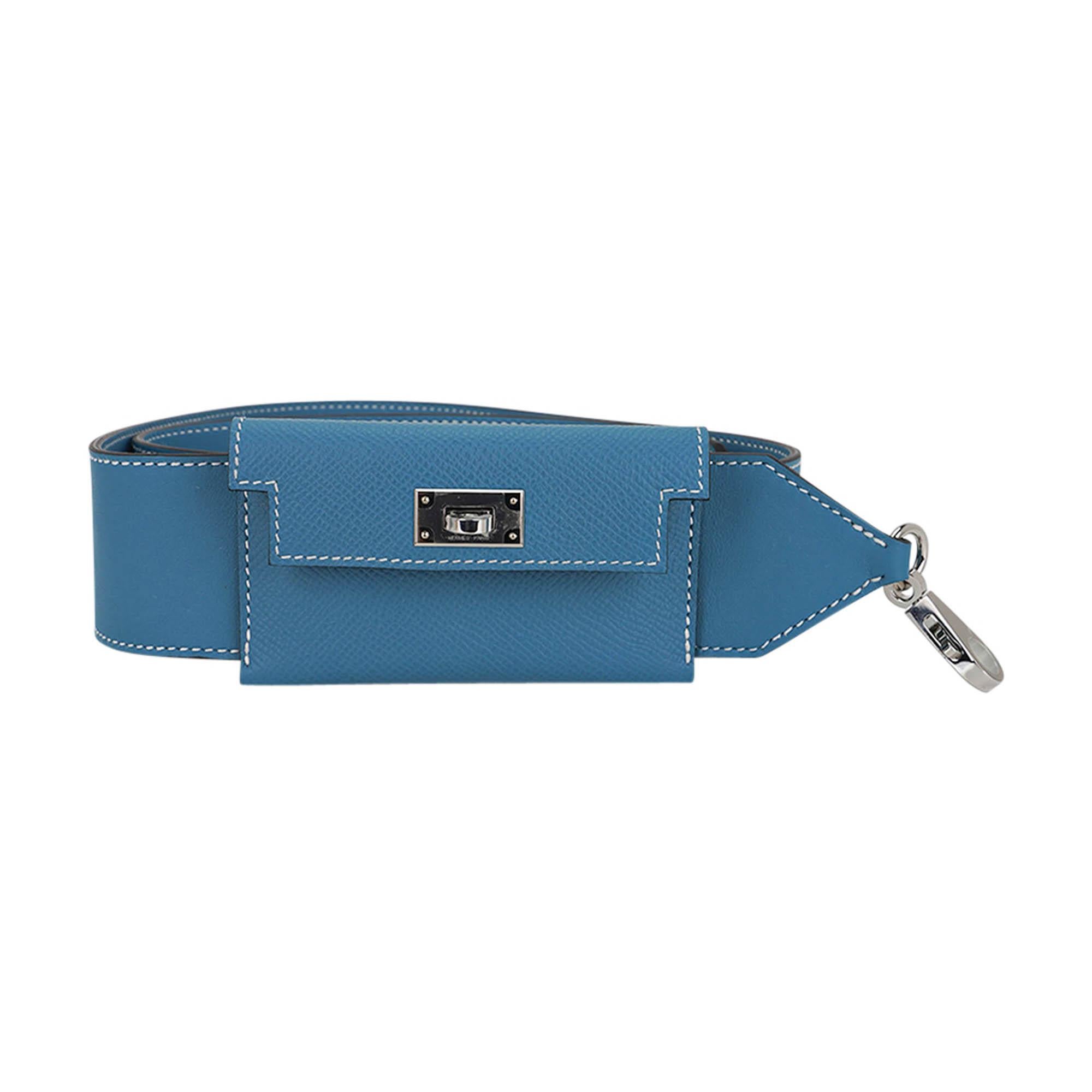 Mightychic offers an Hermes Kelly Pocket Bag Strap featured in Blue Jean.
Yes, it is back!  Iconic beloved Hermes Bleu Jean.
The strap has a card holder with a Kelly turn key clasp.
Fresh with Palladium hardware.
Strap is Swift leather and card case