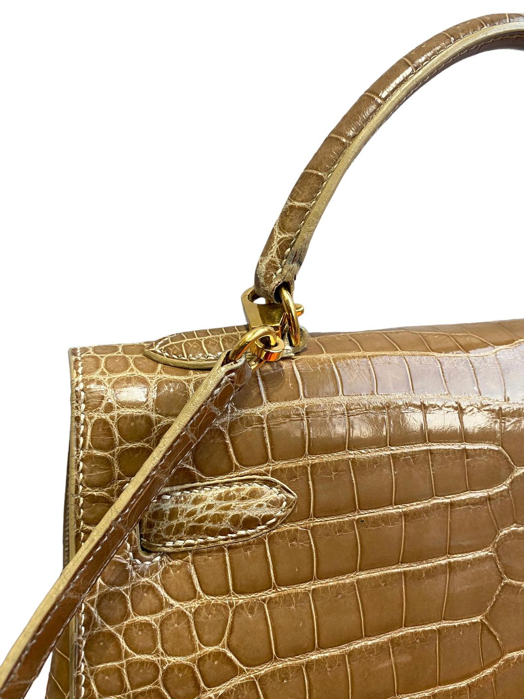 Hermes Kelly 32 Bag Matte Fauve Barenia Porosus Crocodile Gold Hardware