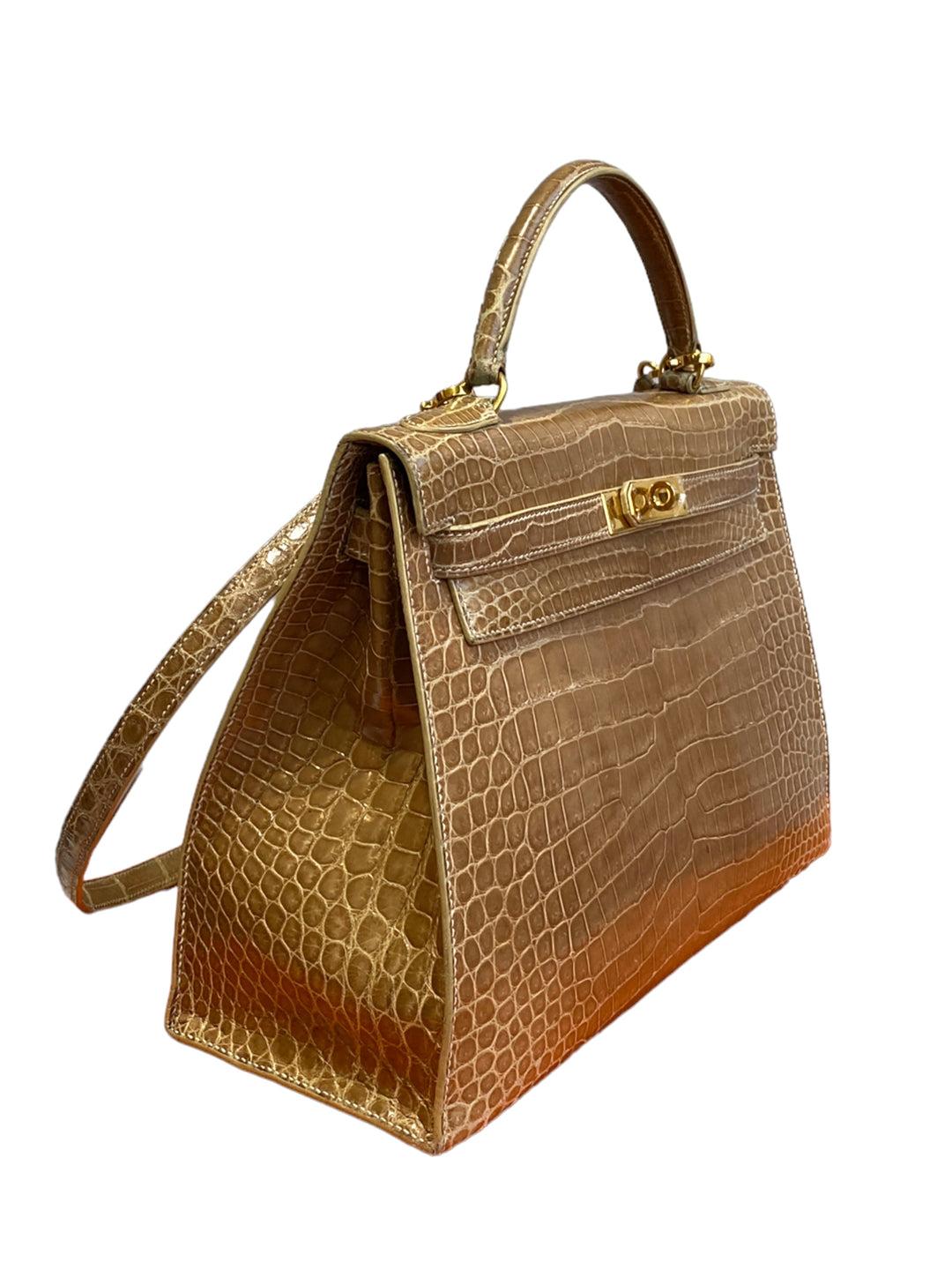 Brown HERMES Kelly Porosus Crocodile Handbag 32 For Sale