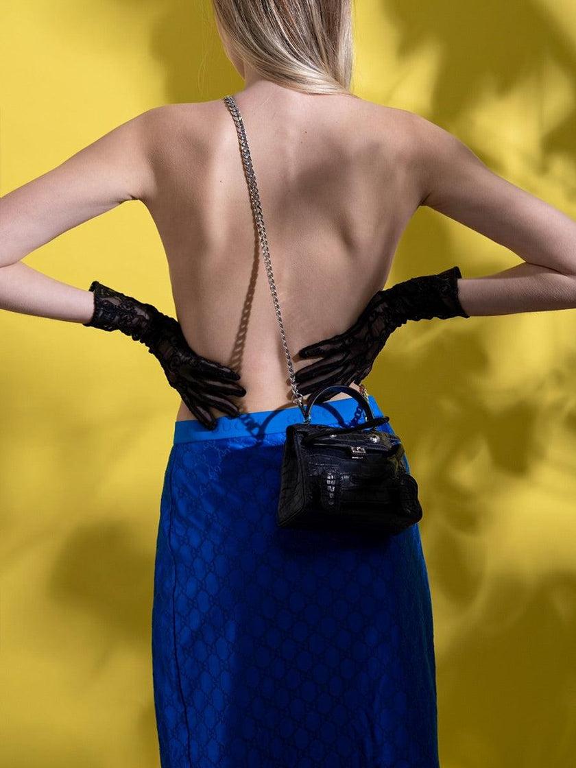 Bolso Hermès Kelly Quelle Idole Muñeca Aligátor Azul Nuit Mate y Swift Negro en venta 7