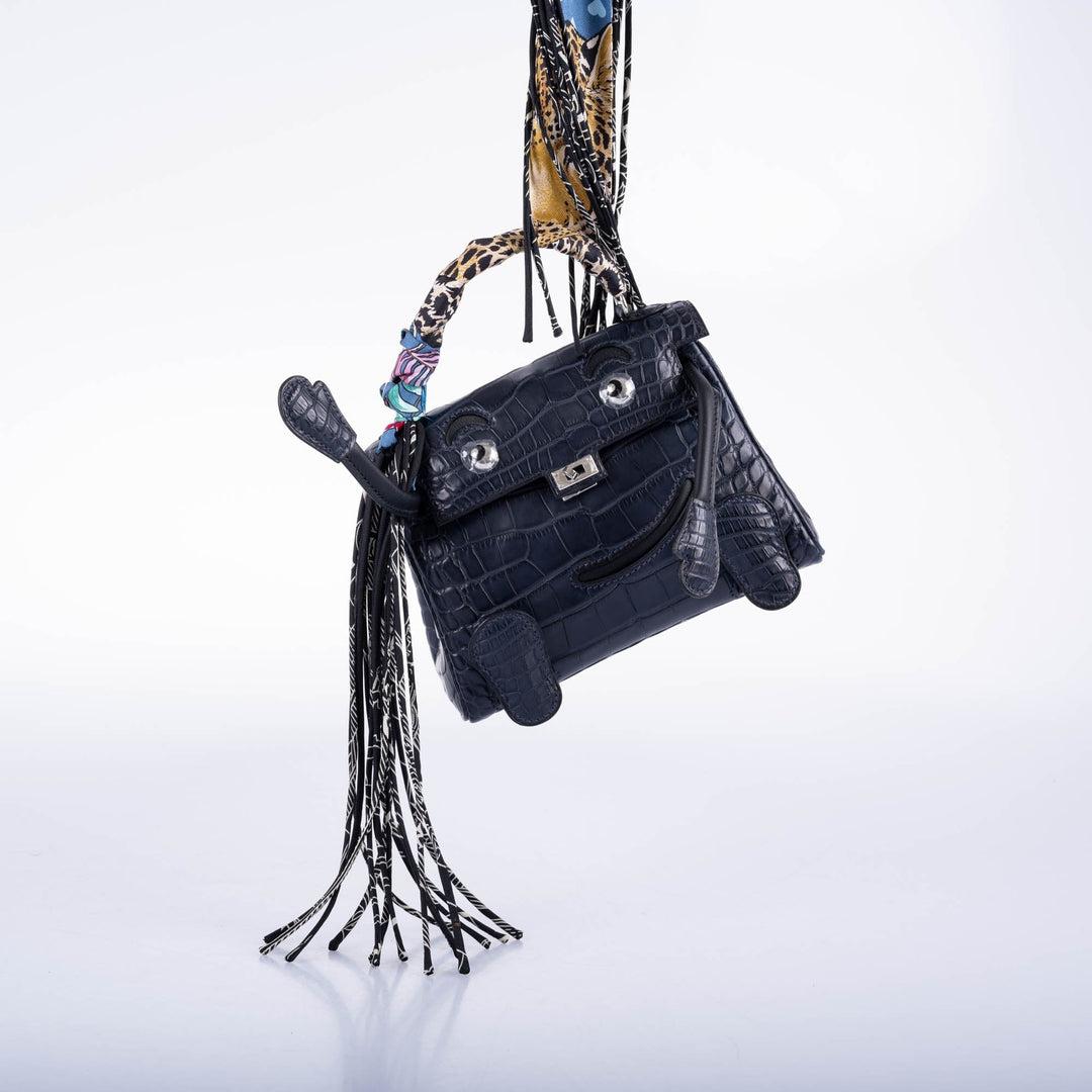Bolso Hermès Kelly Quelle Idole Muñeca Aligátor Azul Nuit Mate y Swift Negro en venta 4