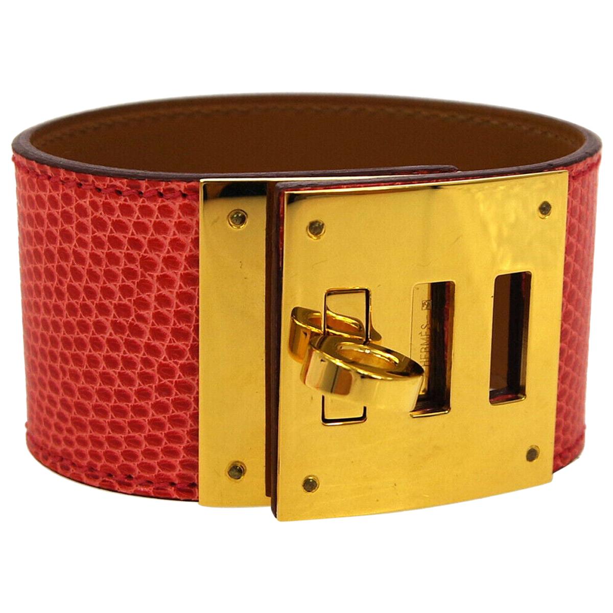 Hermes Kelly Red Lizard Exotic Leather Gold Men's Women's Cuff Bracelet in Box