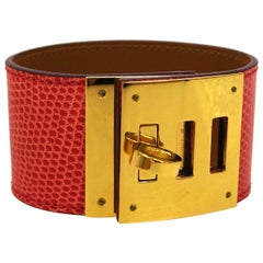 Hermes Kelly Red Lizard Exotic Leather Gold Men's Women's Cuff Bracelet in Box