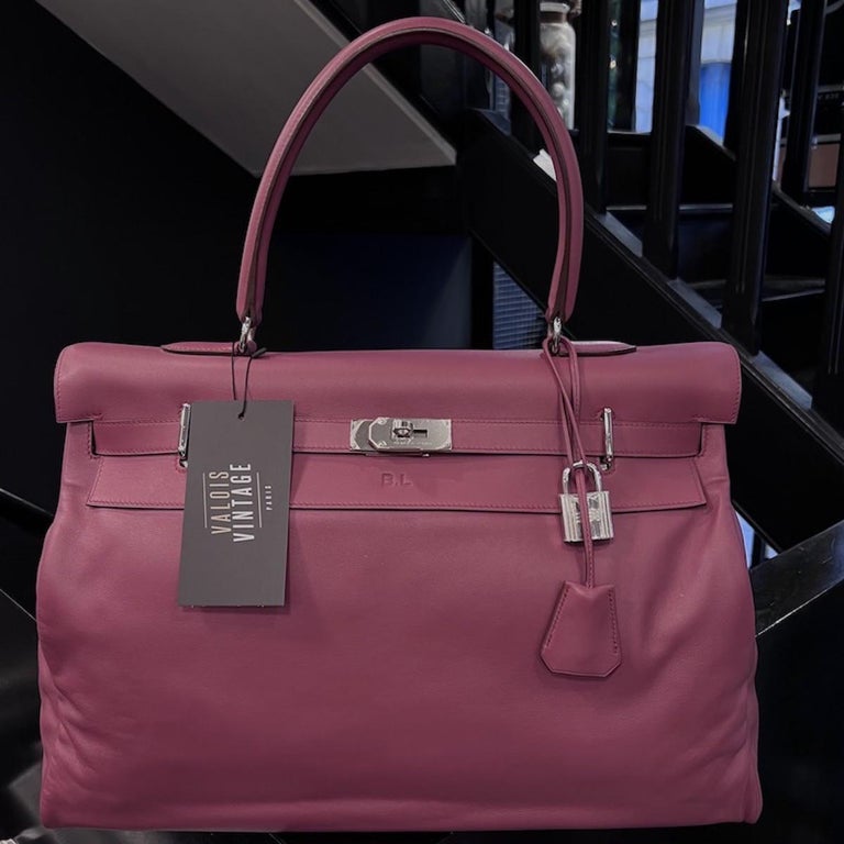 Brown HERMES Kelly Relax 50 Pink Lilac Sikkim Calfskin Leather For Sale
