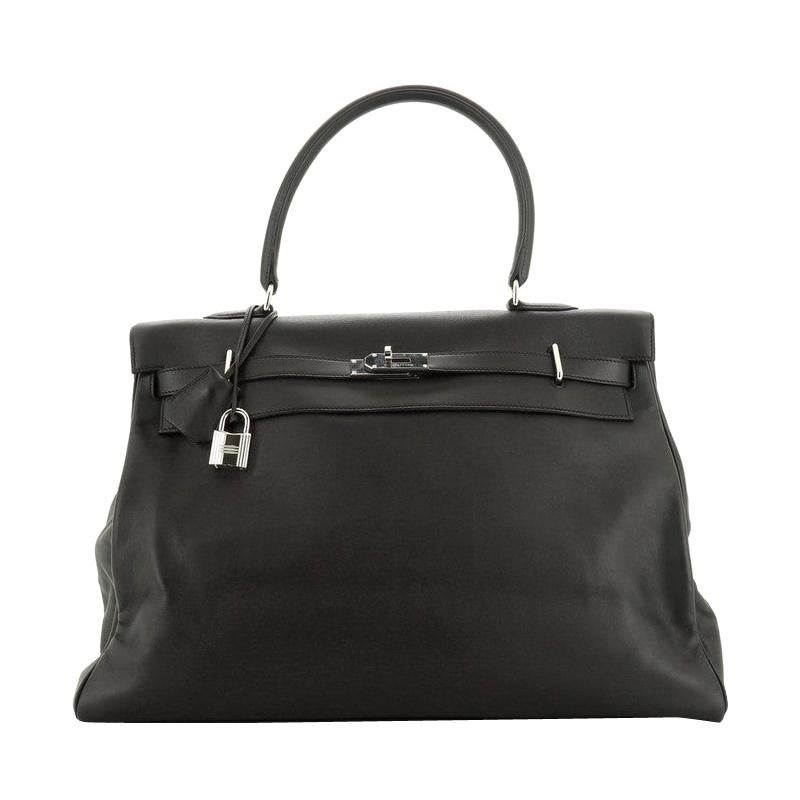 Hermes Kelly Relax Handbag Noir Veau Sikkim With Palladium Hardware 50 