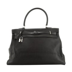 Hermès - Sac à main Kelly relax Noir Veau Sikkim avec accessoires en palladium 50