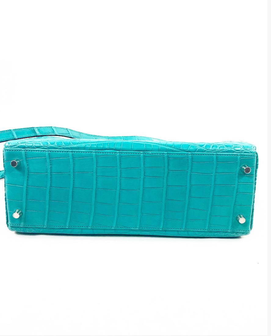 Blue Hermès Kelly Retourne 32 Alligator Mississippiensis Mat Handbag w/ Scarf
