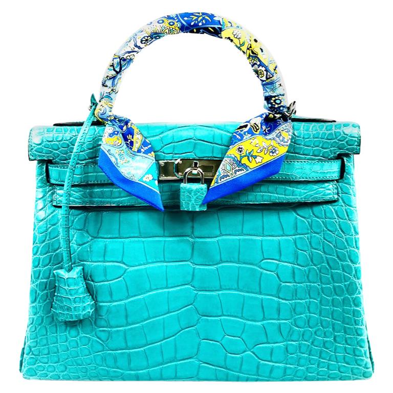 Hermès Kelly Retourne 32 Alligator Mississippiensis Mat Handbag w/ Scarf