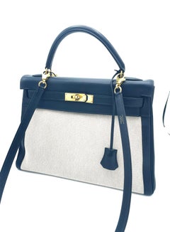 HERMÉS KELLY Retourne 32 cm Tasche aus beigem Toile,  Courchevel Blaues Leder 1995er Jahre