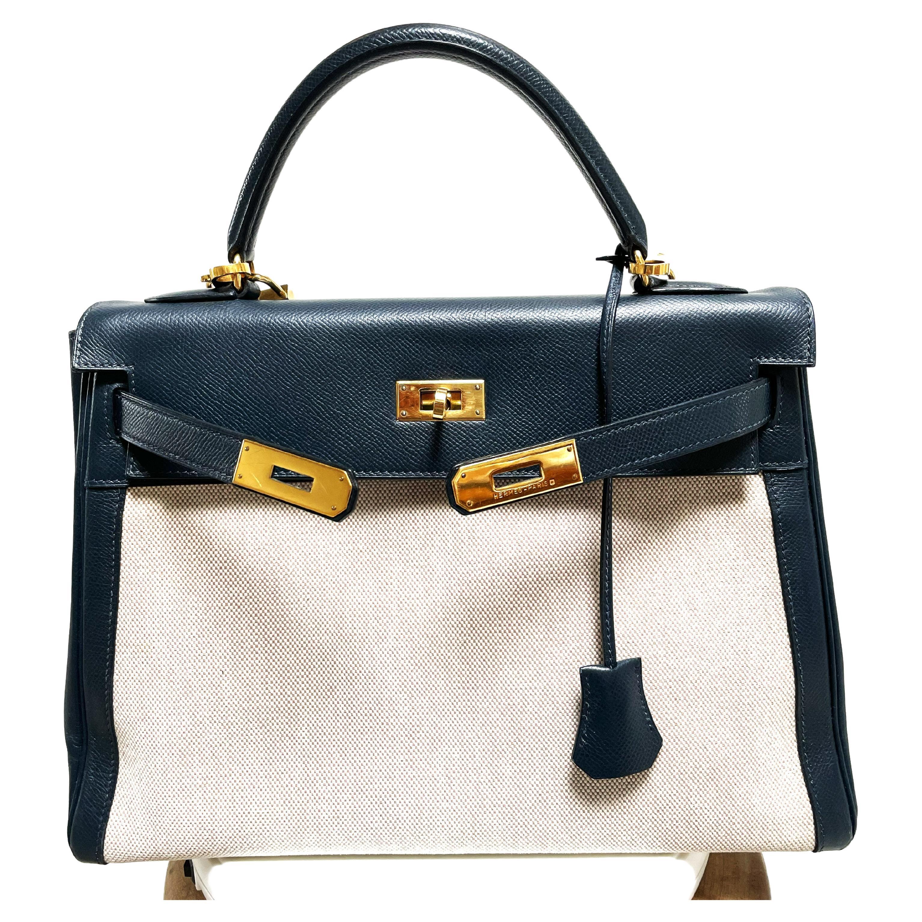 Femenino o masculino Bolso HERMÉS KELLY Retourne 32 cm en toile beige,  Courchevel cuero azul 1995s en venta
