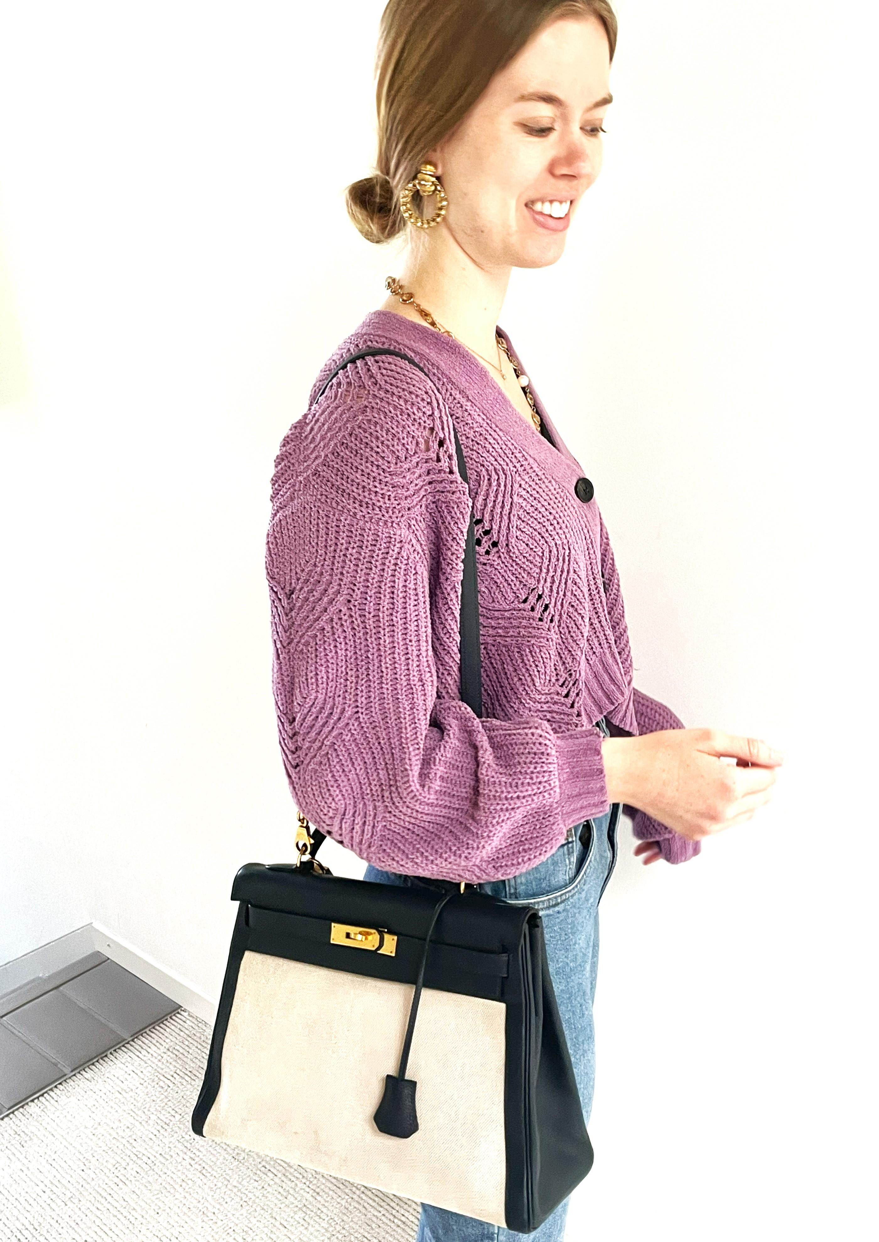 Bolso HERMÉS KELLY Retourne 32 cm en toile beige,  Courchevel cuero azul 1995s en venta 4