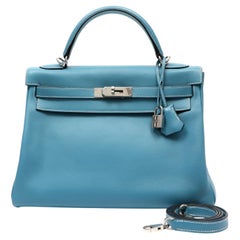 Hermès Kelly Retourne 32cm Handbag Blue Leather w PH