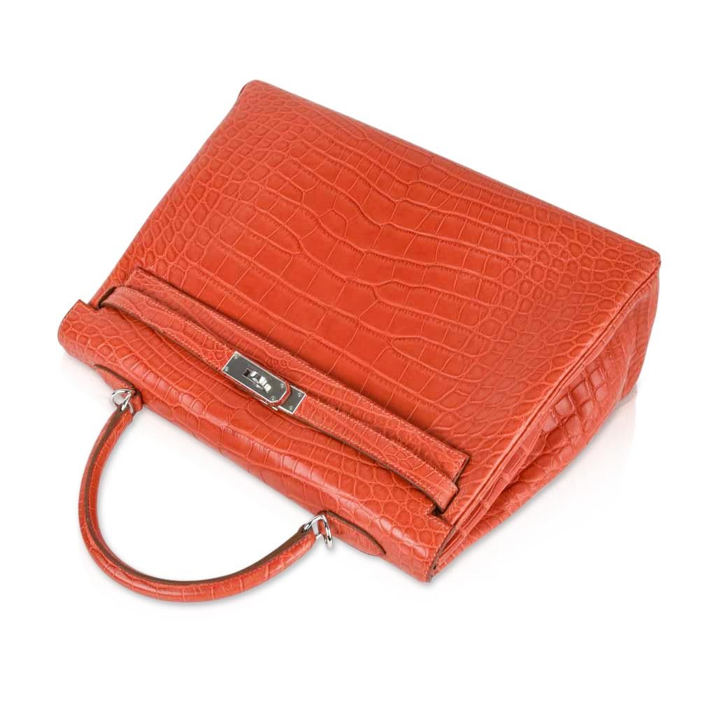 Red Hermes Kelly Retourne 35 Sanguine Matte Alligator Bag Palladium Hardware  For Sale