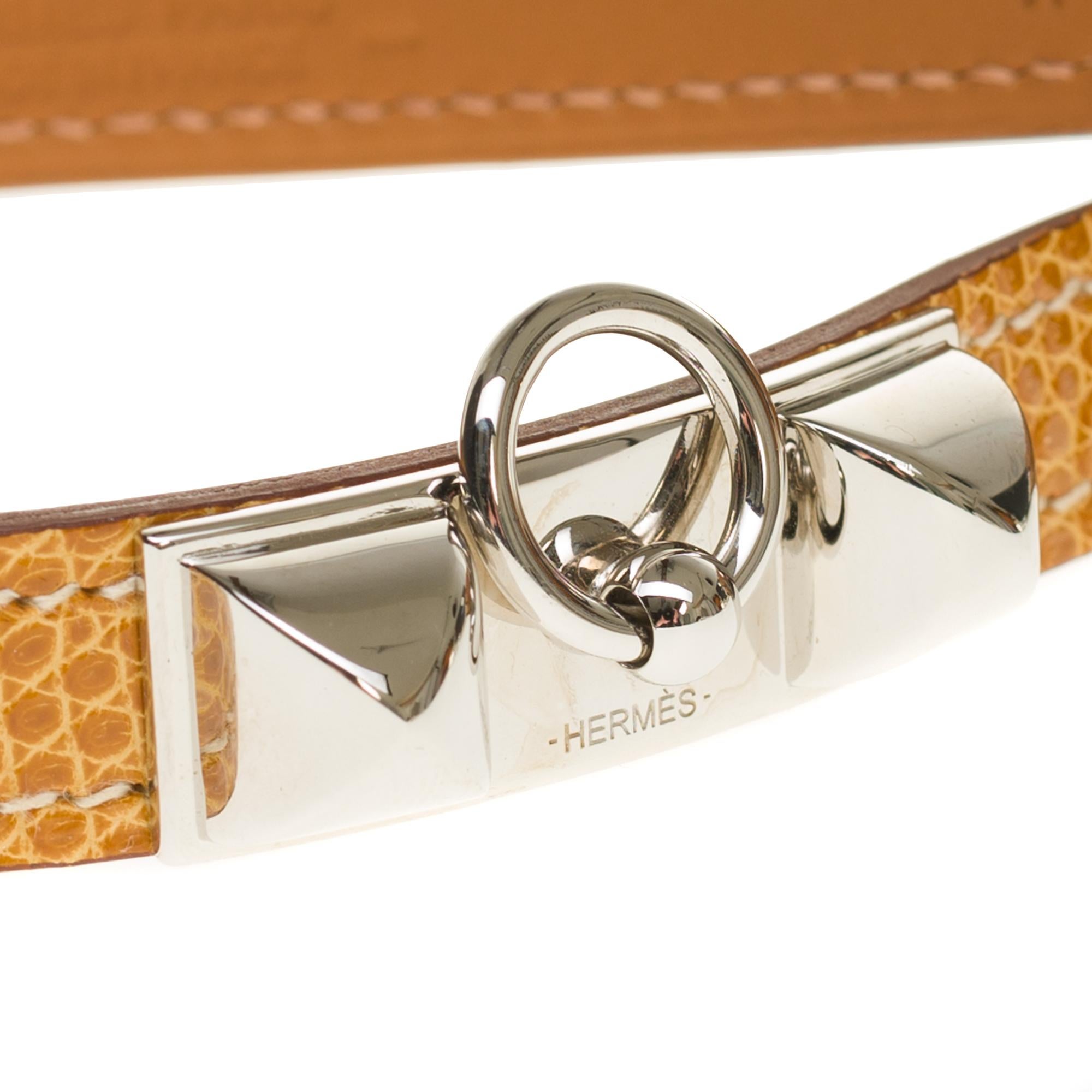 Women's Hermès Kelly Rivale double tour bracelet in beige lizard and silvery hardware