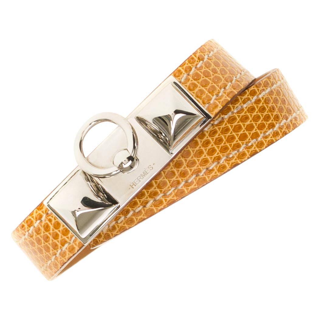 Hermès Kelly Rivale double tour bracelet in beige lizard and silvery hardware