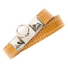 Hermès Kelly Rivale bracelet double tour en lézard beige et matériel argenté