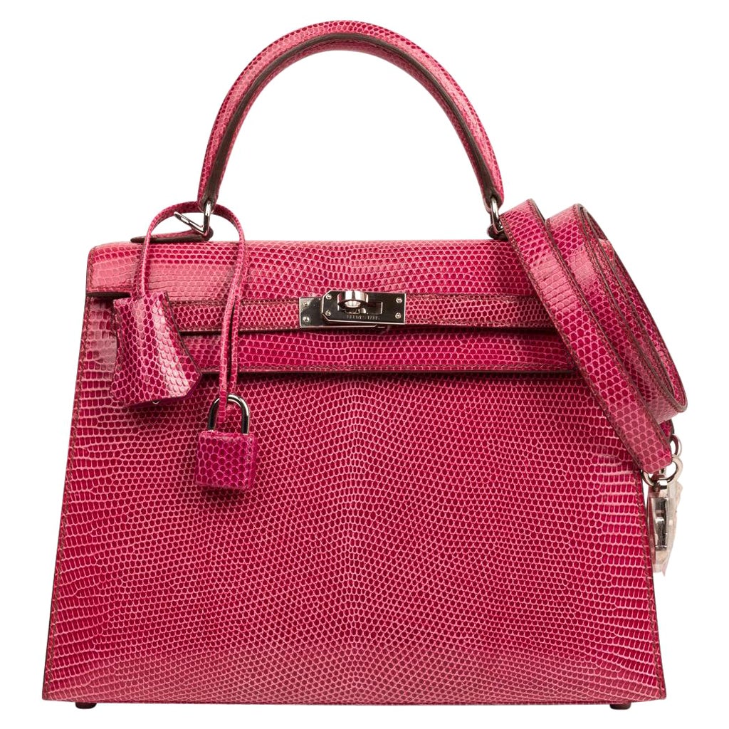 Hermes Kelly Sellers 25 Tasche Fuschia Lizard Palladium Hardware Limited Edition
