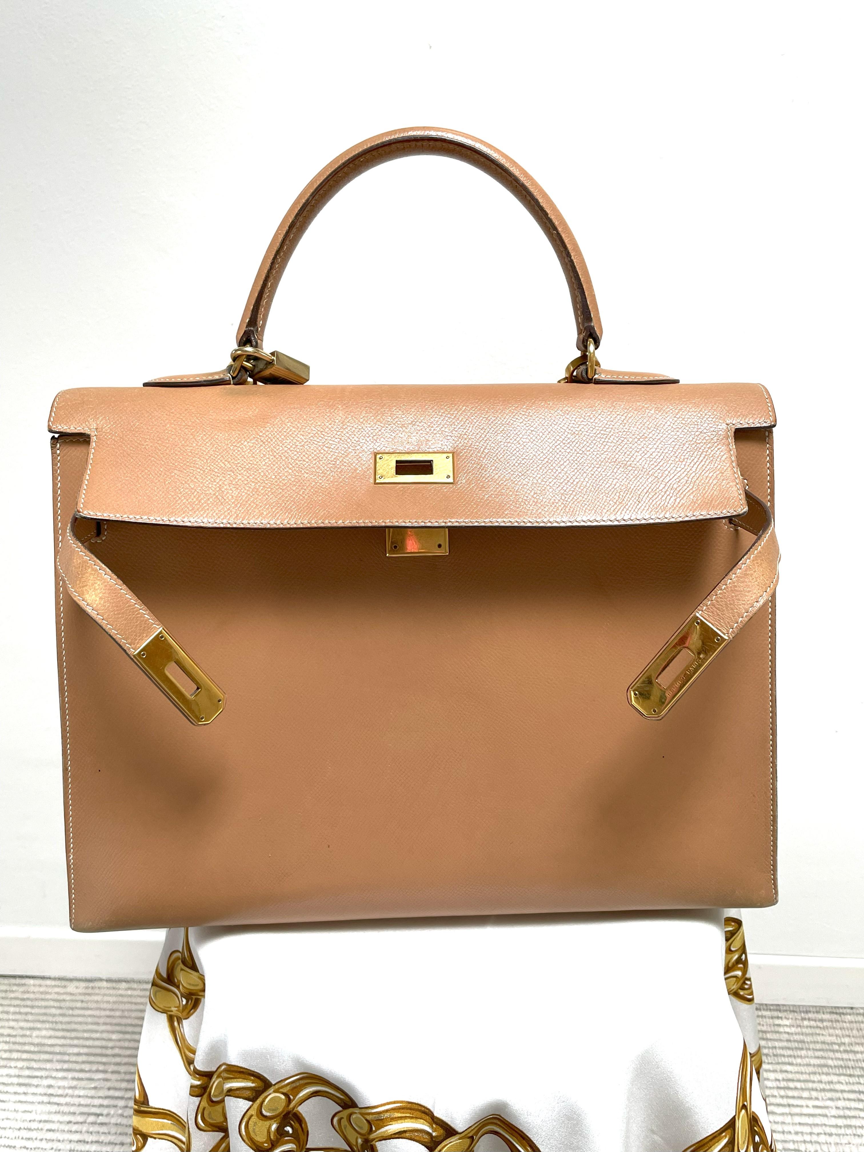 HERMÉS KELLY Bolso Sellier 2 sentidos 35 cm Courchevel dorado cuero, sello B /1998 en venta 7