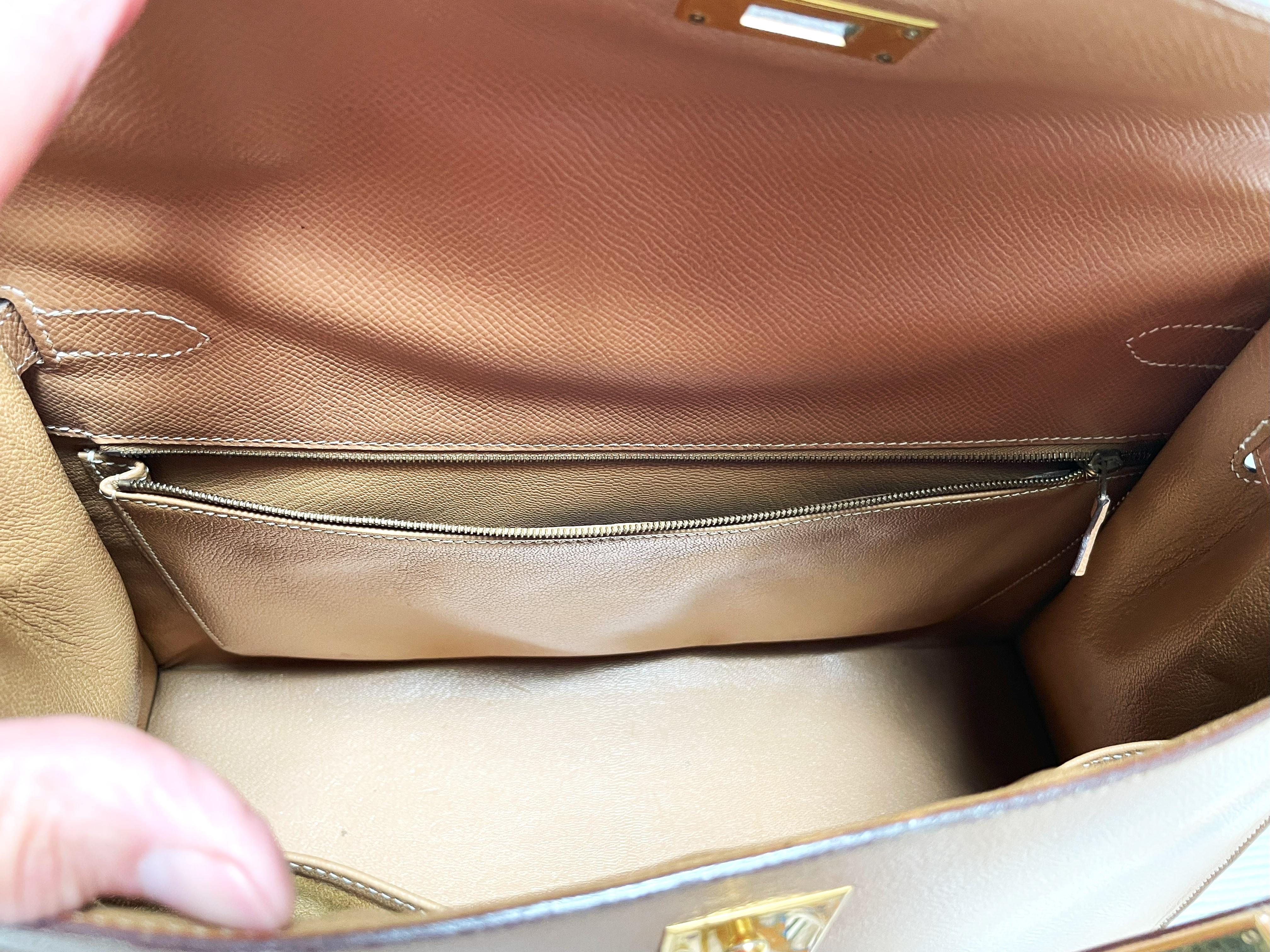 HERMÉS KELLY Bolso Sellier 2 sentidos 35 cm Courchevel dorado cuero, sello B /1998 en venta 9