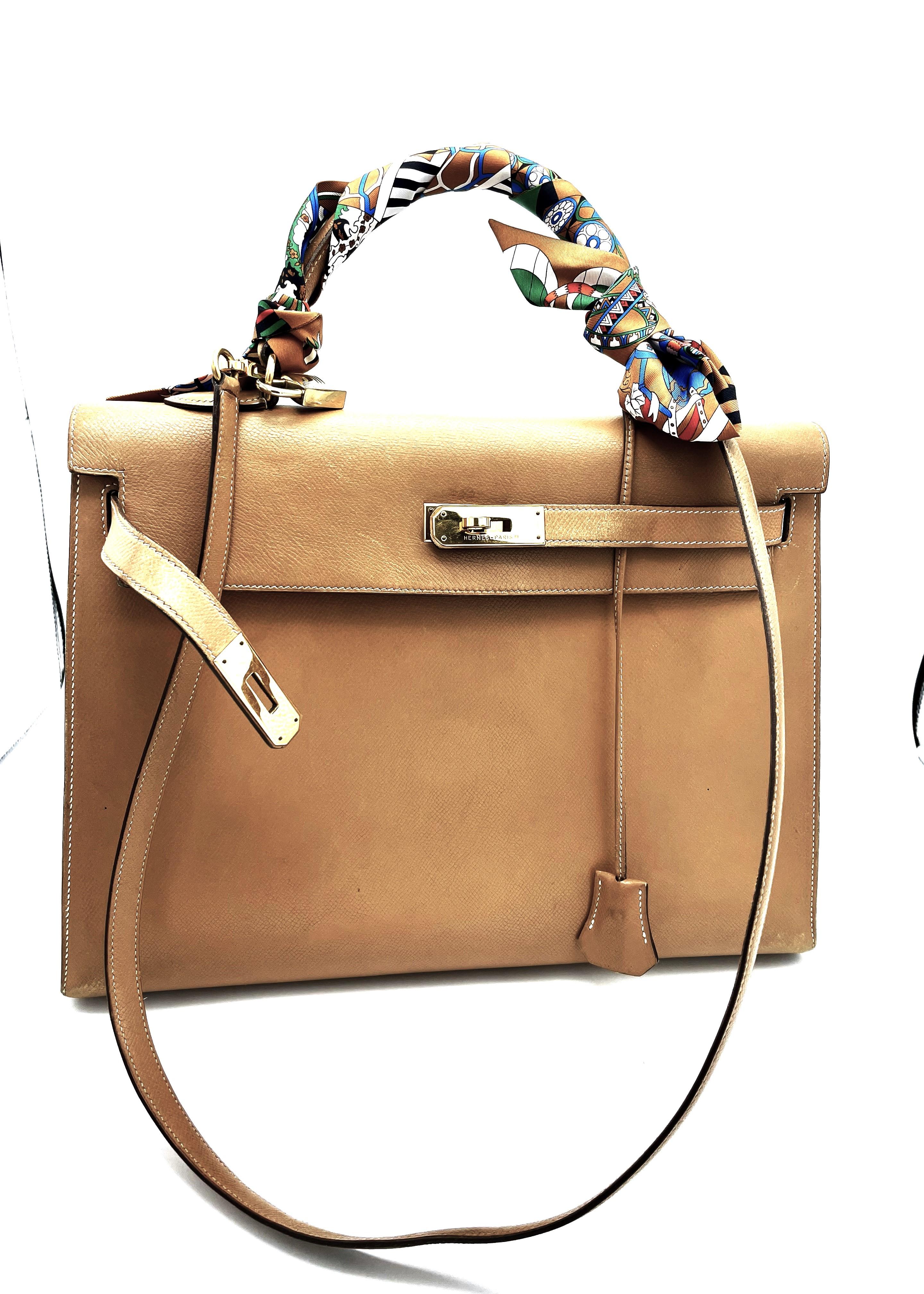 HERMÉS KELLY Bolso Sellier 2 sentidos 35 cm Courchevel dorado cuero, sello B /1998 en venta 11